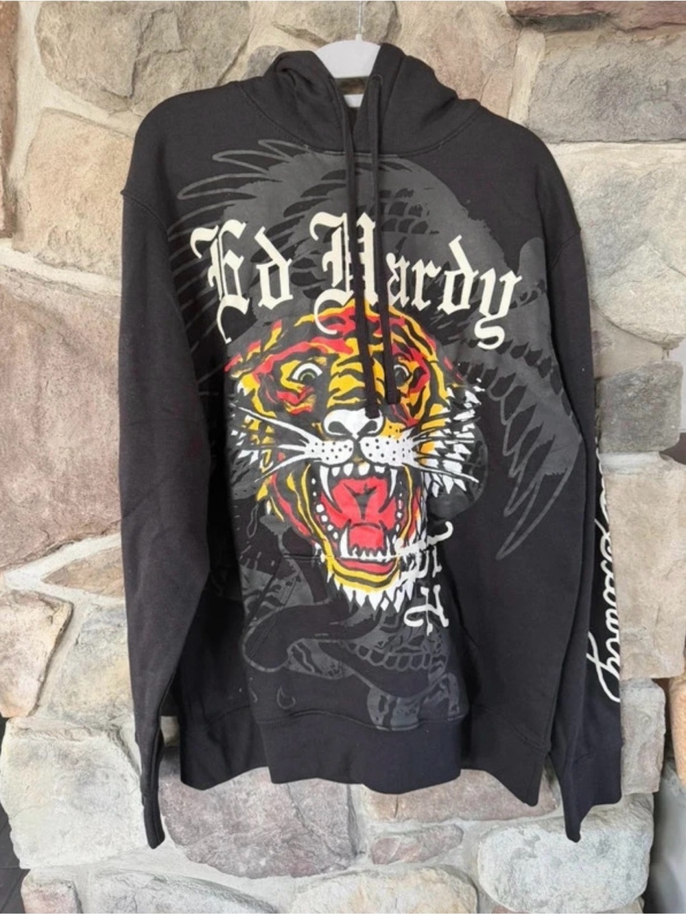 Ed Hardy Black Hoodie with Multicolor Tiger Graphic